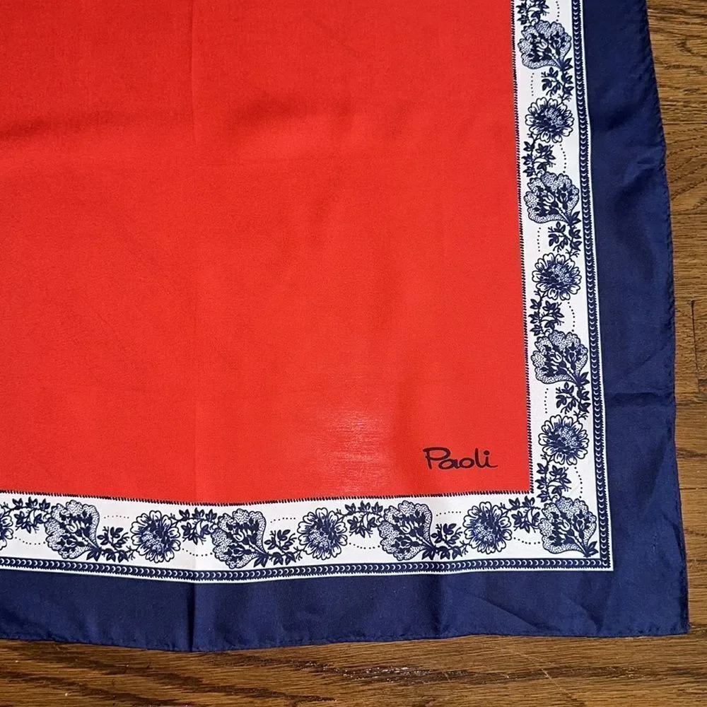 Vintage 70s Paoli red,‎ white & blue polyester scarf with floral border